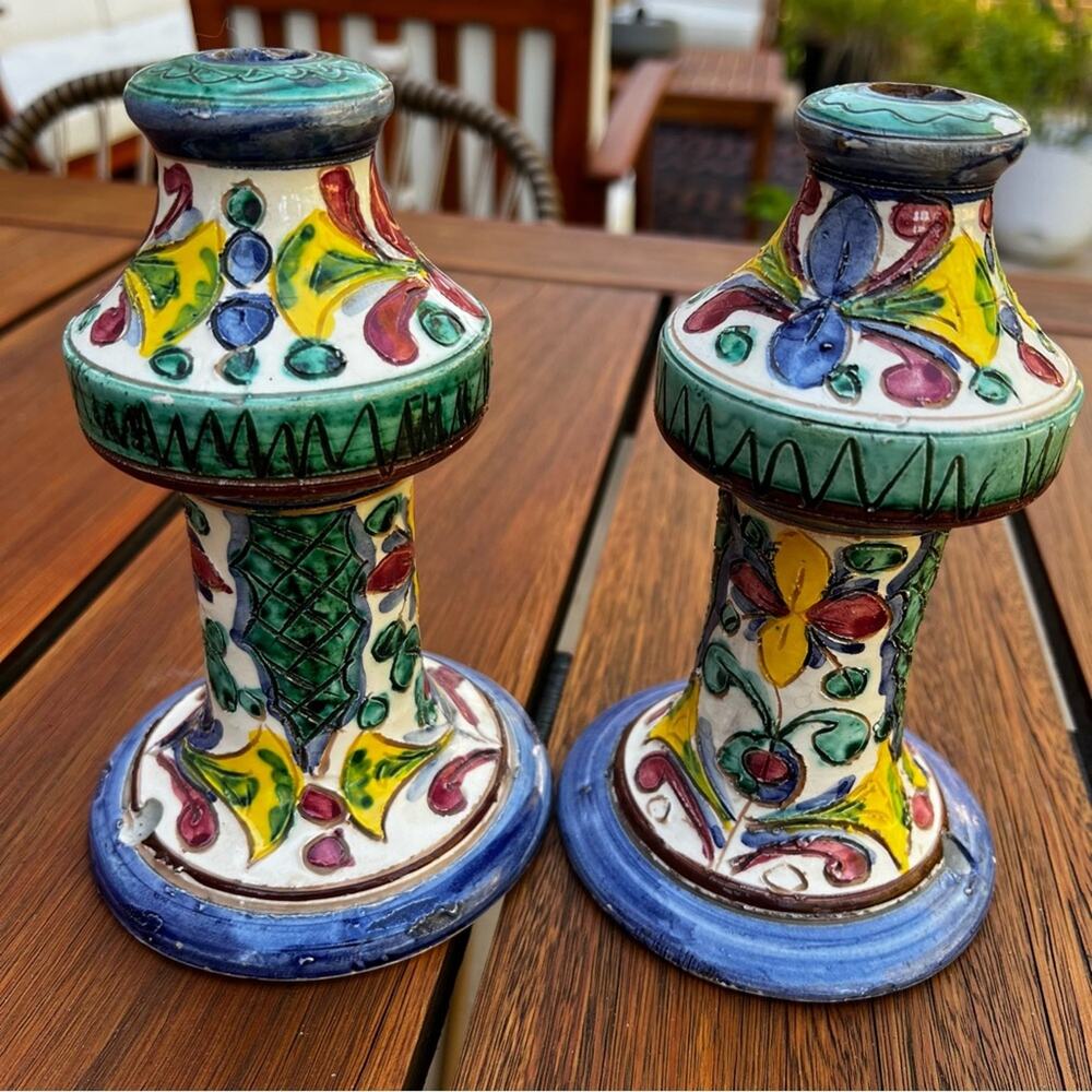 Assisi Italian Pottery Lamp Base Set of Two Green Blue Yellow Made in Italy